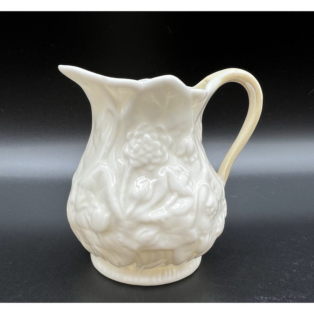 Vintage Belleek 4oz Lotus Creamer 3” Ivory w Yellow Luster 4th Mark 1940s
